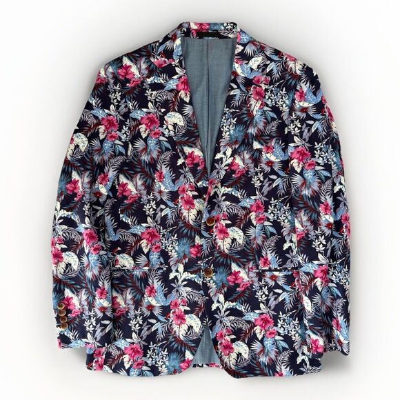 Tallia Blazer Mens Size 38R Blue Slim-Fit Floral Print Suit Jacket Linen Blend - Picture 1 of 11